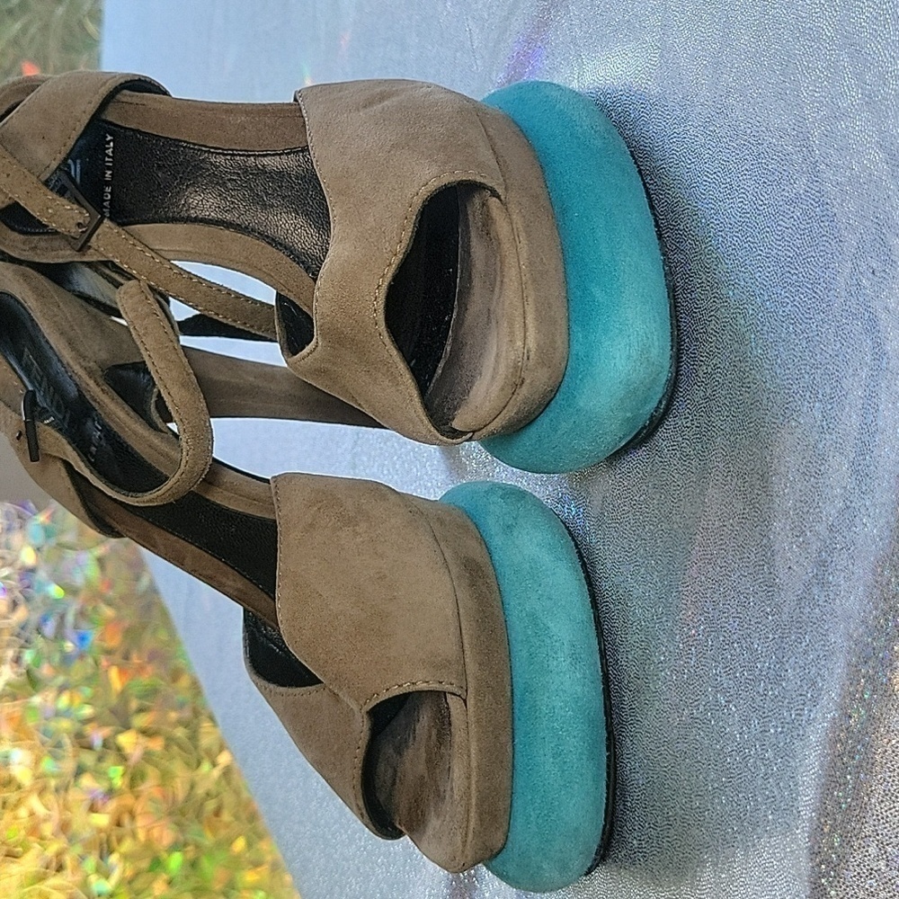 Fendi Vintage Teal & Grey Suede  Platform Peep Toe High Heel Sandal SZ:37/6.5 - Picture 6 of 14